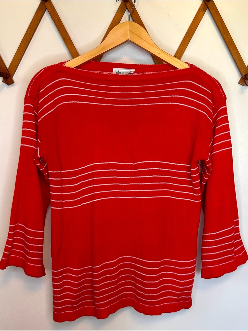 Vintage 70s Boatneck Knit Red & White Striped Sailor Sweater - Size L Mod